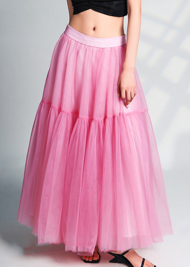 Pink Wrinkled High Waist Tulle Skirts Summer