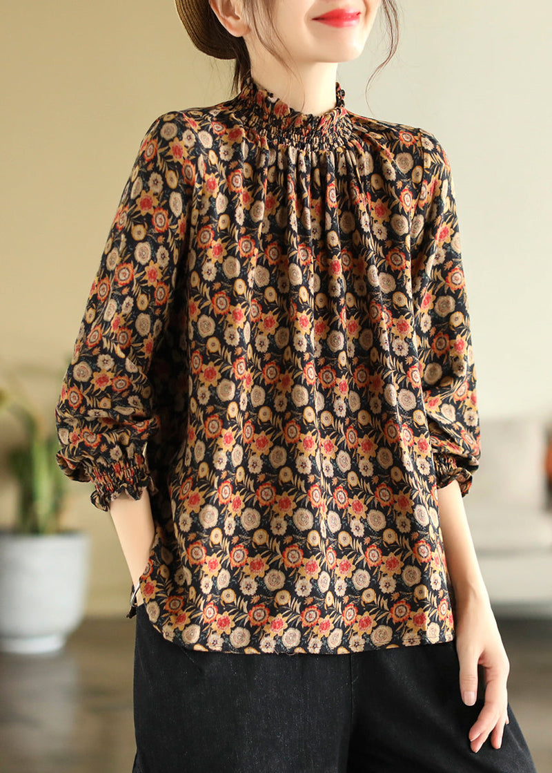 Chinese Style Black Turtleneck Print Shirts Long Sleeve
