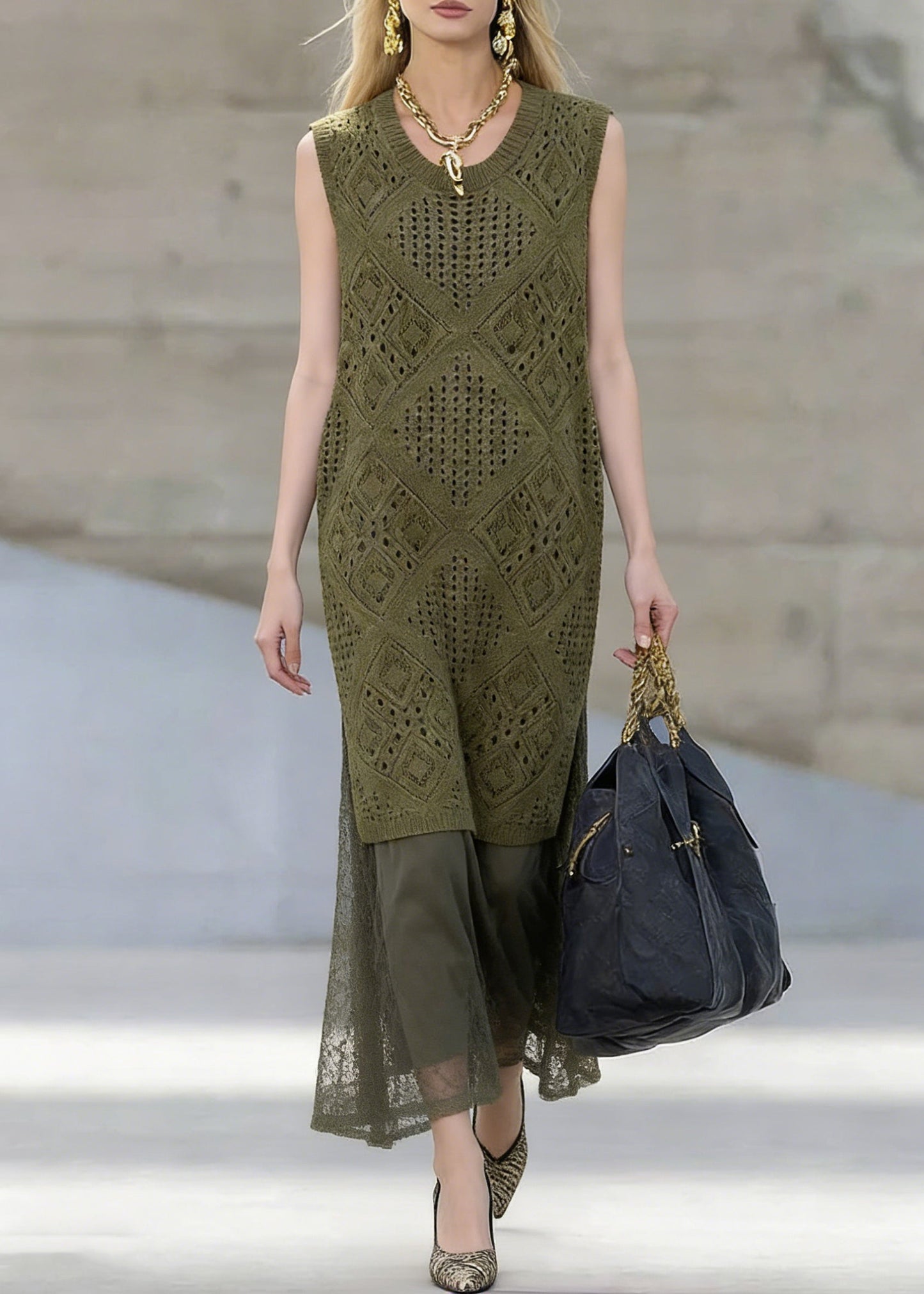 Art Blackish Green Hollow Out Knit Dress and Lace Skirts Two Pieces Set Summer