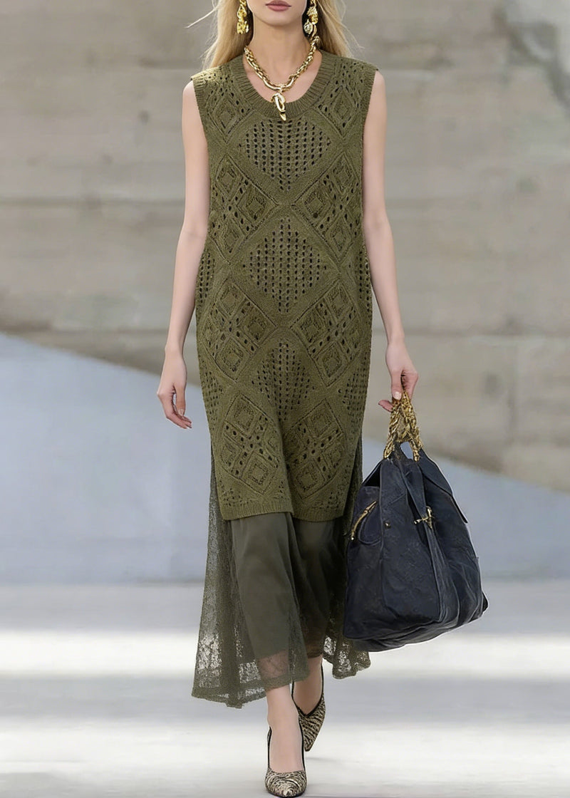 Art Blackish Green Hollow Out Knit Dress and Lace Skirts Two Pieces Set Summer
