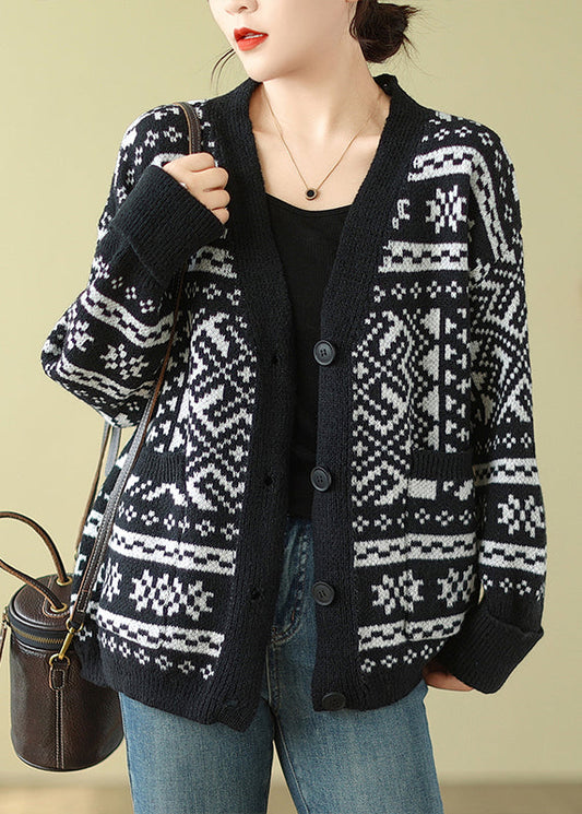 Black Oversized Print Knit Cardigan Spring