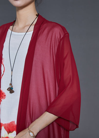 Mulberry Print Chiffon Cardigan and Dress Two Pieces Set Summer