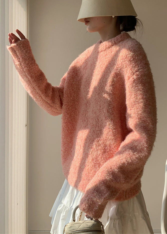 Loose Pink O-neck Fluffy Sweaters Winter