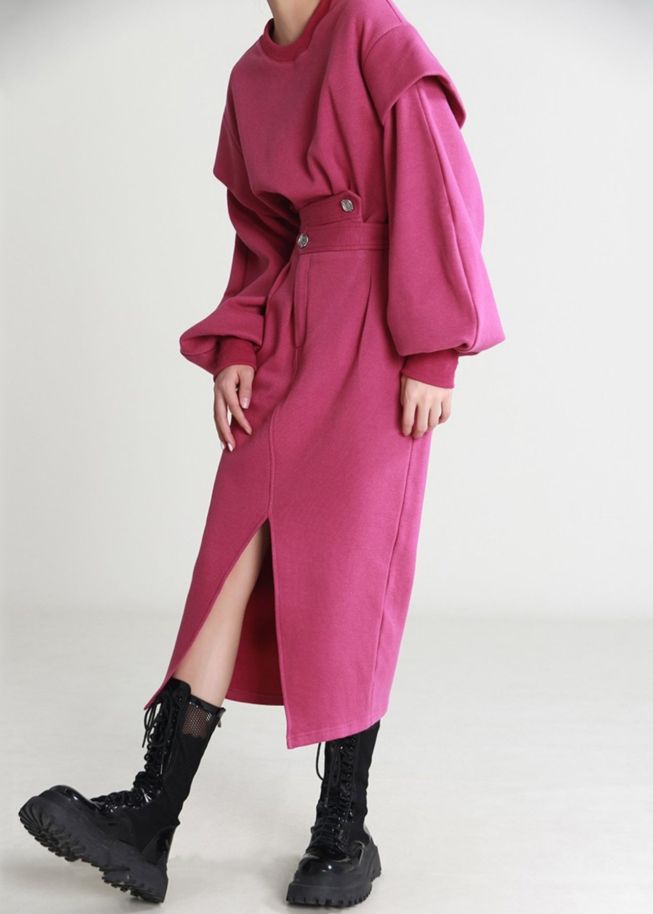 Rose O Neck Side Open Cotton Two Pieces Set Long Sleeve