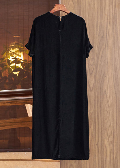 Loose Black O Neck Print Silk Velour Dresses Fall