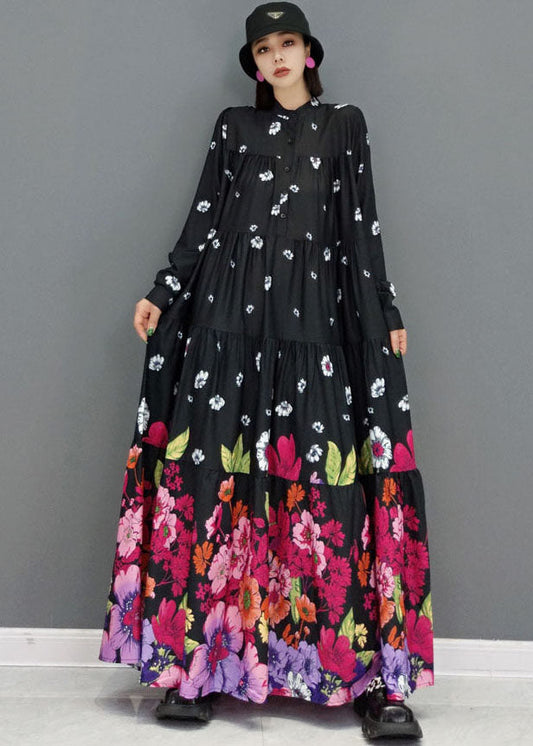 Black Stand Collar Print Cotton Long Dress Long Sleeve
