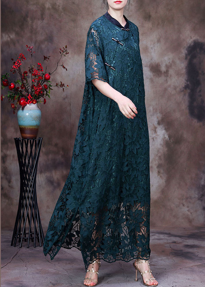 Green Stand Collar Patchwork Side Open Lace Long Dresses Half Sleeve
