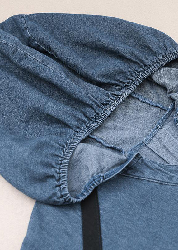 Denim Blue Embroideried Hooded Top and Pants Two Pieces Set Spring
