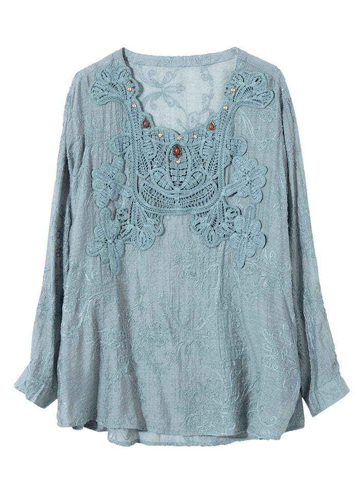Natural Blue Embroidered Hollow Out Chiffon Top Spring