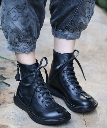 Black Cowhide Leather Lace Up Splicing Boots