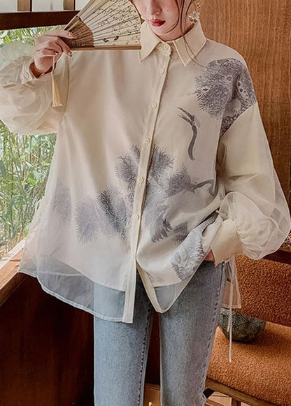Stylish Black Layered Patchwork Red-crowned Crane Print Tulle Shirts Fall