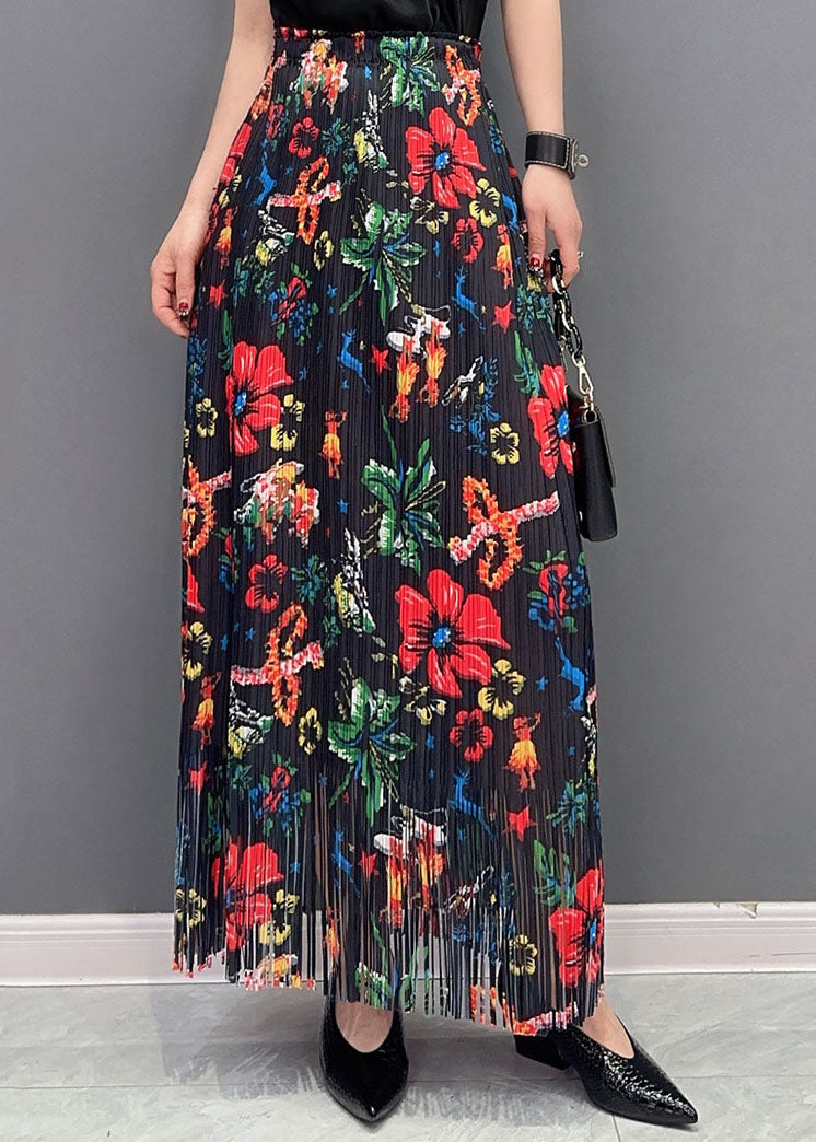 Black Wrinkled Tasseled Print Cotton Skirts Spring
