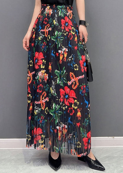 Black Wrinkled Tasseled Print Cotton Skirts Spring