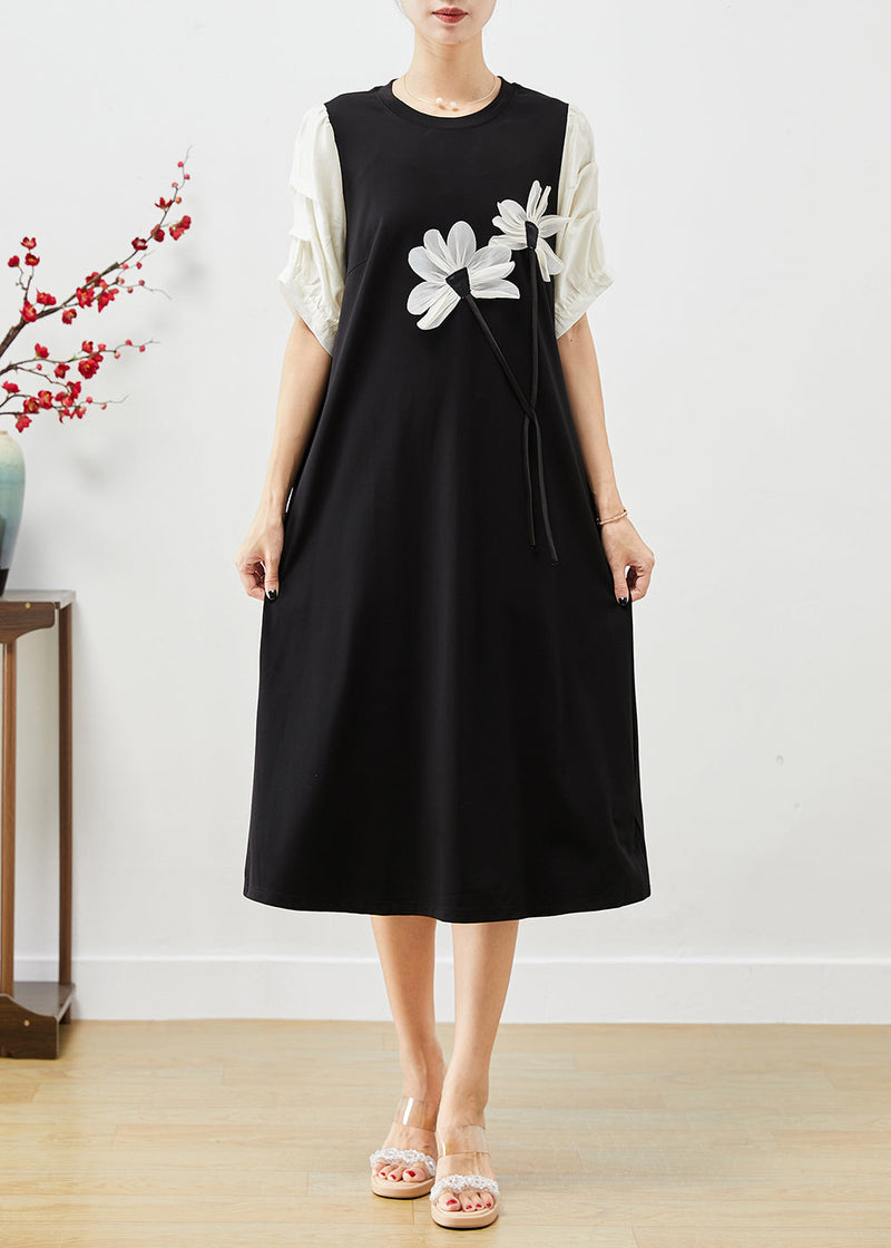 Black Puff Sleeve Patchwork Applique Spandex Dress