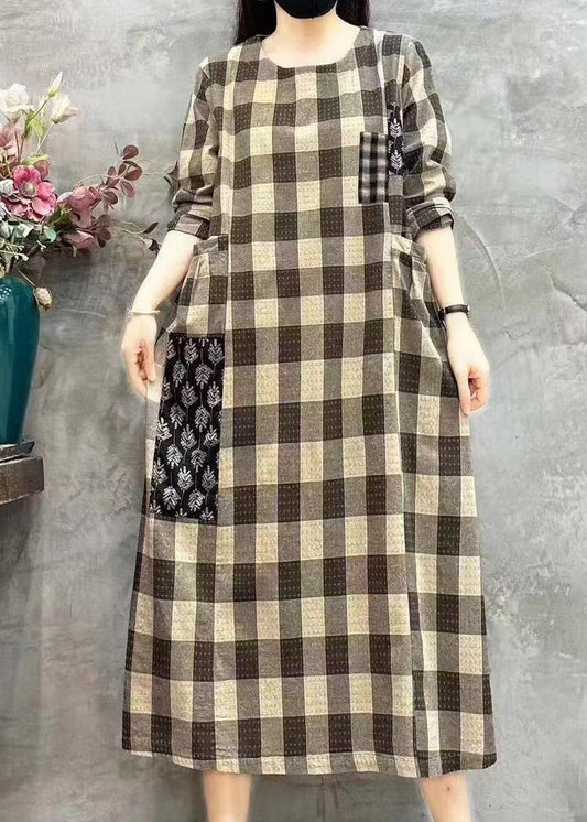 Light Plaid O-neck Pockets Print Patchwork Maxi Dress Long Sleeve