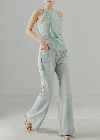 Modern Light Blue Pockets Denim Flared Trousers Pants Spring