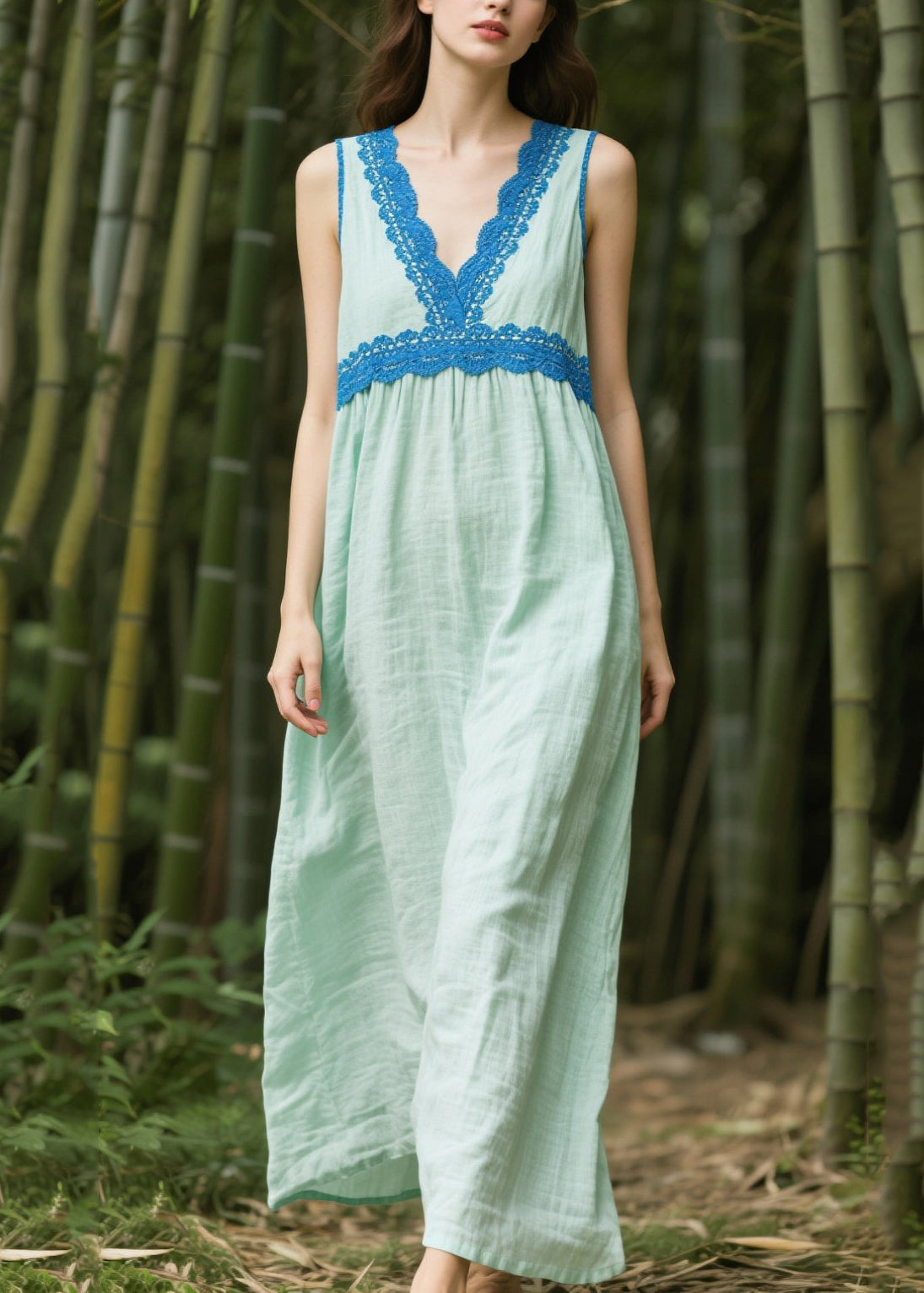 Light Green Oversized Patchwork Cotton Dress Sleeveless