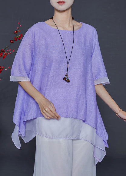 Modern Purple Asymmetrical Patchwork Cotton Fake Two Piece Tanks Summer