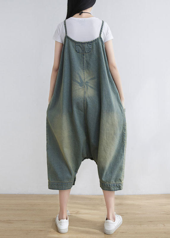 Loose Light Blue Pockets Print Denim Jumpsuit Spring