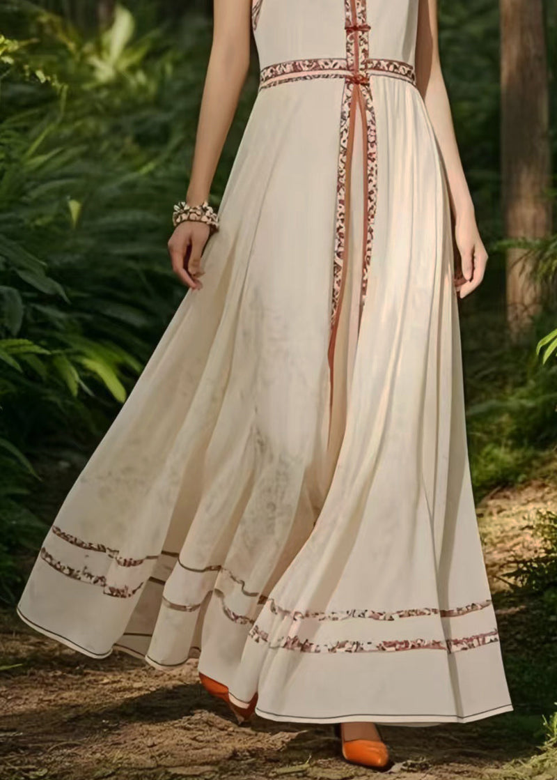 New Retro White Mandarin Collar Exra Large Hem Chiffon Oriental Dress Sleeveless