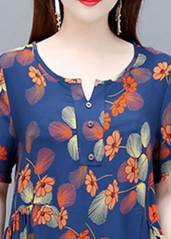 Blue O-neck Wrinkled Print Cotton Cinch Dresses Short Sleeve