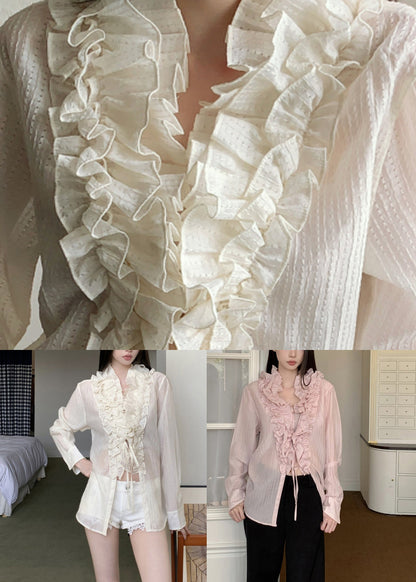 Beige Tie Waist Top Ruffled Long Sleeve