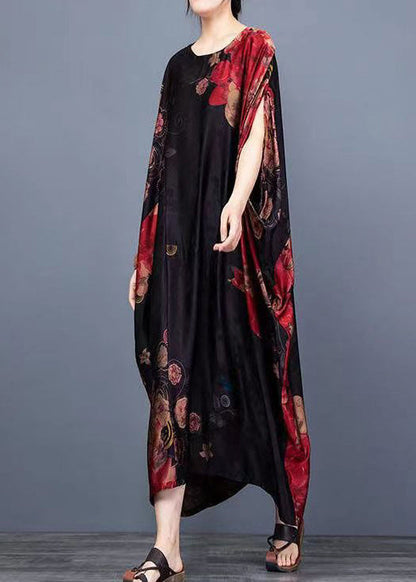Black O-neck Print Chiffon Vacation Dresses Batwing Sleeve