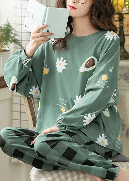Green Print T Ahirt and Plaid Pants Cotton Pajamas Two Pieces Set Fall