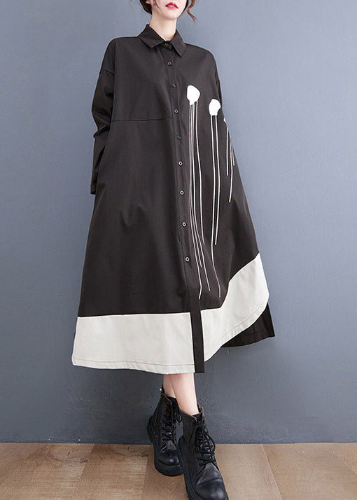 Black Peter Pan Collar Button Patchwork Long Dresses Long Sleeve