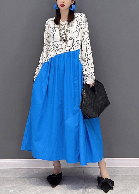 Colorblock O-neck Print Patchwork Holiday Dress Long Sleeve