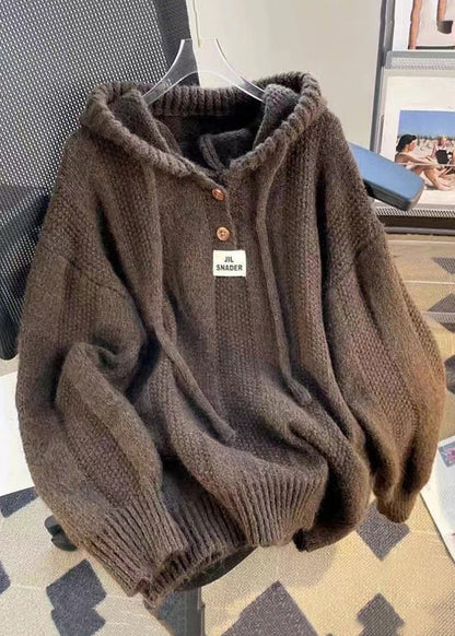 Apricot Button Lace Up Cotton Knit Tops Hooded Long Sleeve Fall
