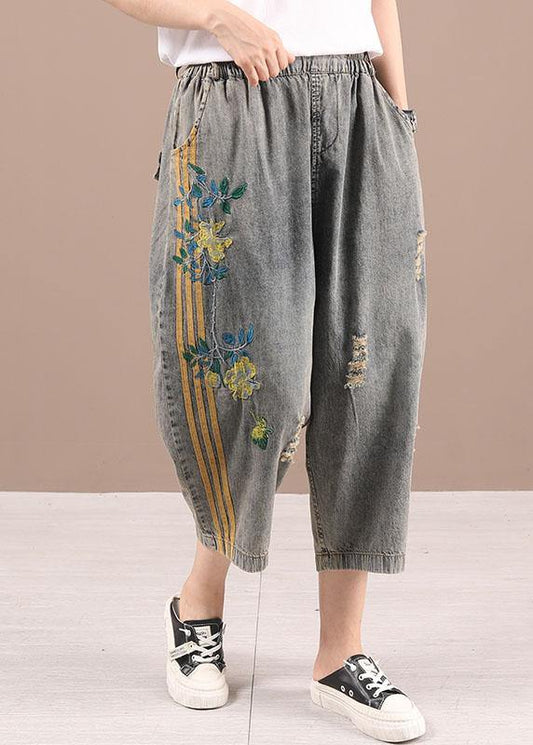 Black Grey Elastic Waist Embroideried Jeans Pants