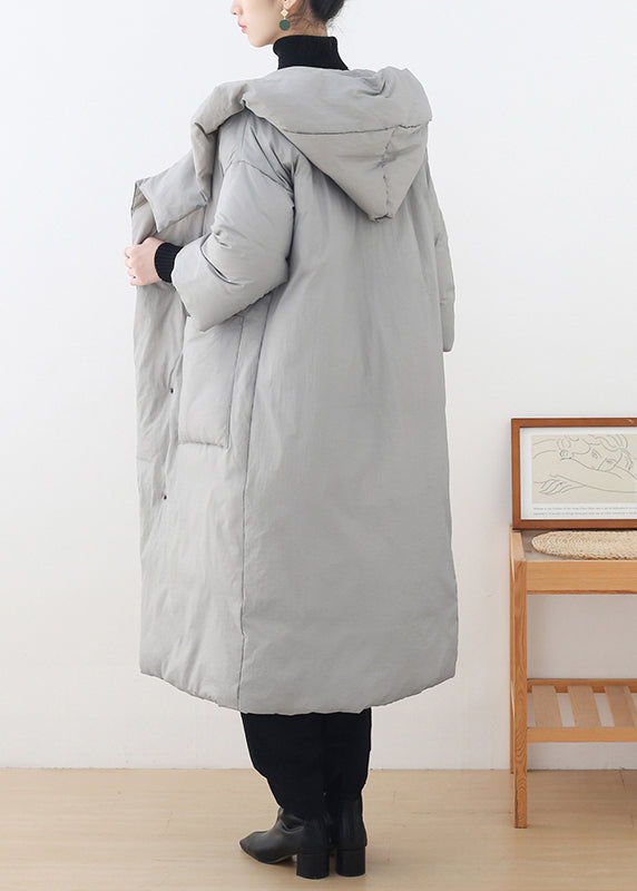 Grey Button Pockets Hooded Down Coat Long Sleeve