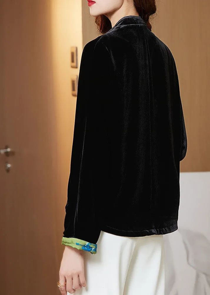 Black Stand Collar Oriental Button Warm Silk Velour Coats Winter