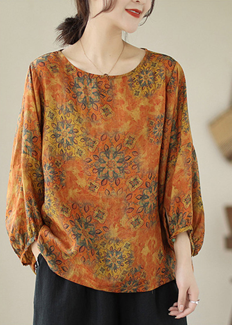 Lus Size Orange Oversized Print Cotton Shirt Tops Lantern Sleeve
