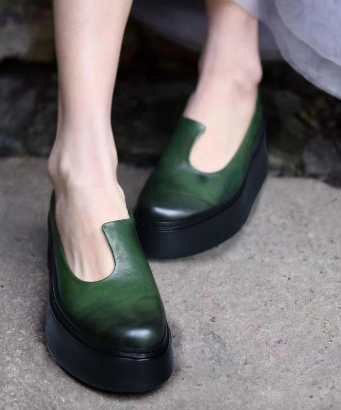 Splicing Platform Heels Blackish Green Cowhide Leather