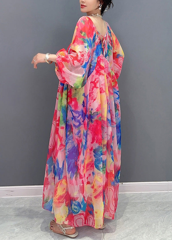 Multicolor Square Collar Print Chiffon Maxi Dress Long Sleeve