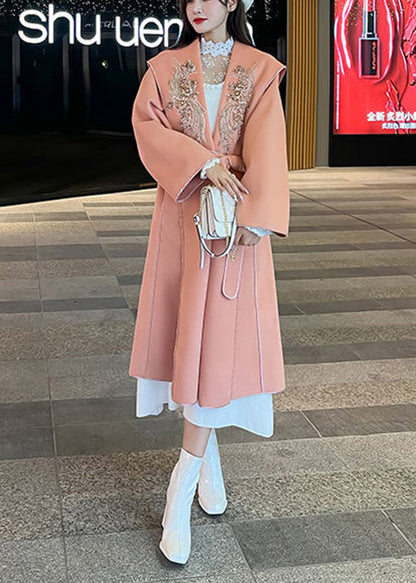 Orange Pink Embroideried Decorated Tie Waist Woolen Coats Fall