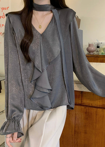 Grey Ruffles Oversized Chiffon Shirts Fall