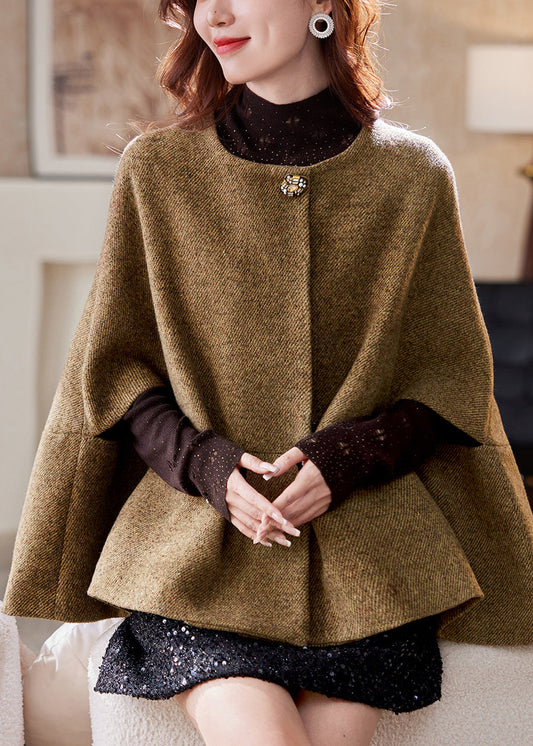 Brown O-neck Button Woolen Coats Batwing Sleeve