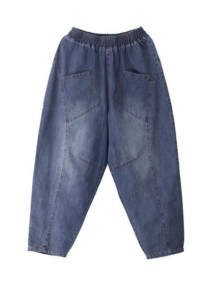 French Dark Blue Elastic Waist Pockets Patchwork Cotton Denim Pants Spring