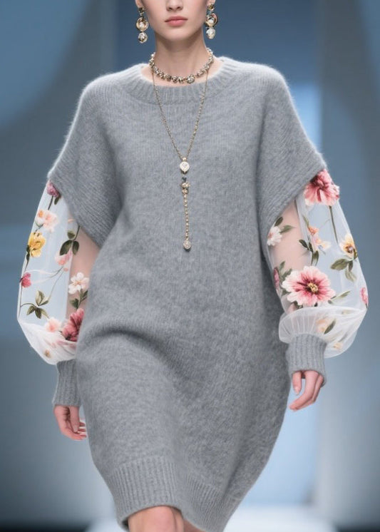 Diy Grey Tulle Patchwork Knitwear Dress Fall