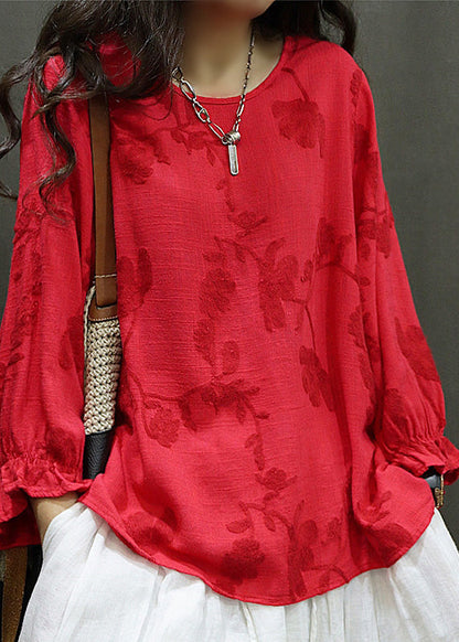 Red O Neck Embroidered Linen Shirt Tops Lantern Sleeve