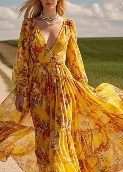 Yellow Patchwork Wrinkled Chiffon Maxi Dress Spring