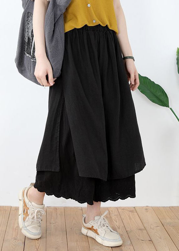 Black Lace Linen Pants Skirt Elastic Waist Summer