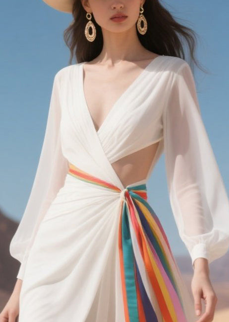 White Hollow Out Multicolour Ribbon Chiffon Robe Dresses Summer