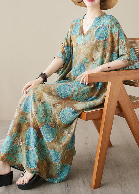 Blue Print Wrinkled Pockets Long Dresses Short Sleeve