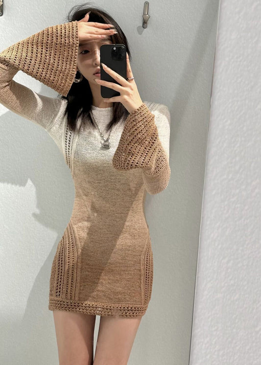 New Slim Fit Flared Sleeve Gradient Knitted Dress