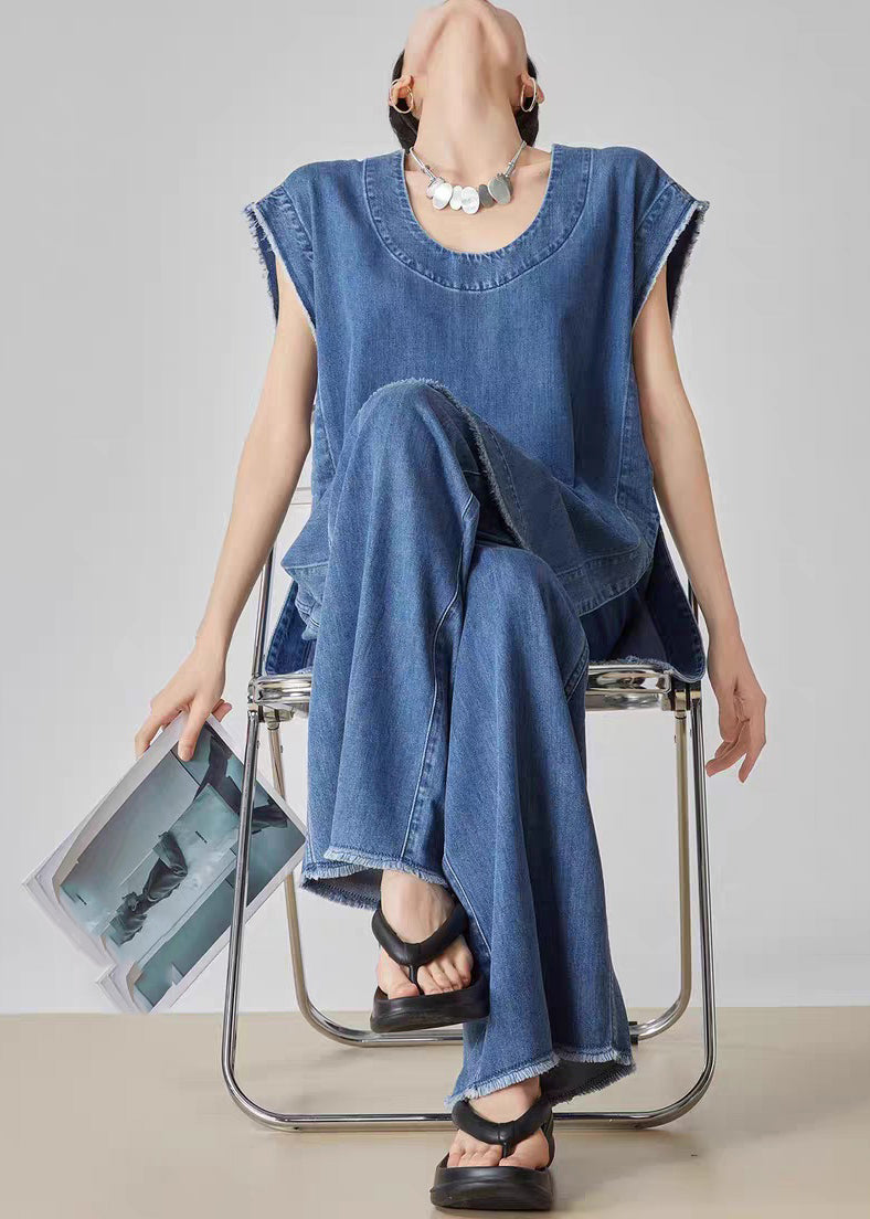 Blue O-neck Patchwork Denim T Shirt Dress and Jeans Two Piece Set Summer