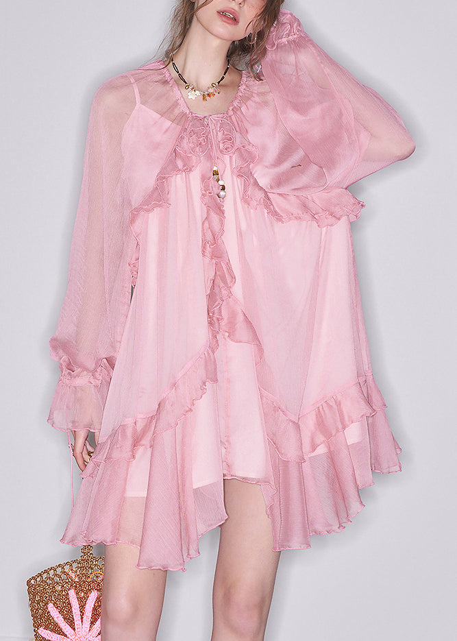Art Pink Ruffled Lace Up Chiffon Two-piece Set Butterfly Sleeve